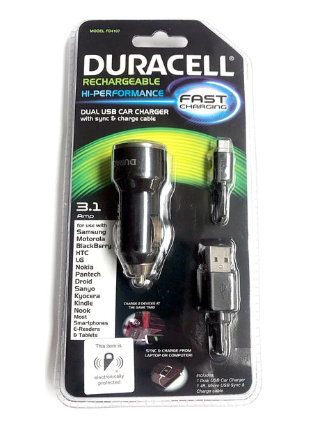 Duracell Micro 3.1 Amp USB charger with sync and charge cable (DU1576)